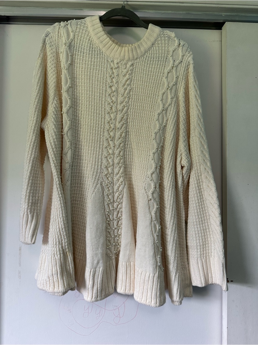 Cream Cable Knit Women’s Sweater with Pearl Detail